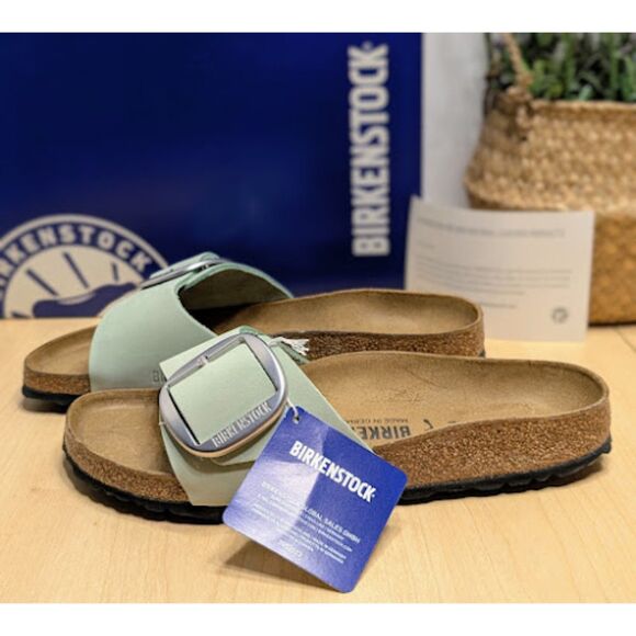 Birkenstock Madrid Big Buckle Matcha Green Nubuck Leather Slide Sandals EU40 NIB - Picture 2 of 14